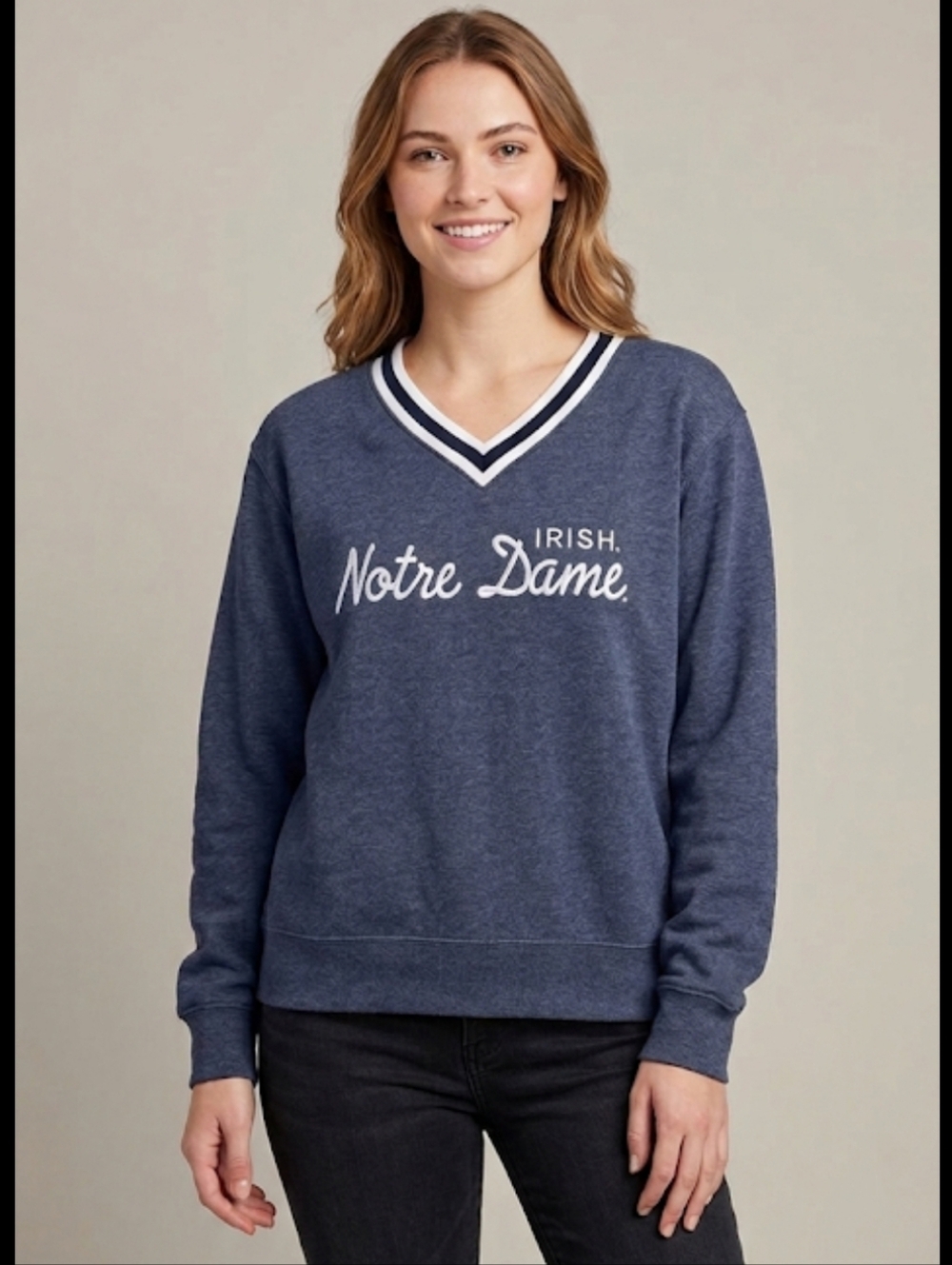 League Notre Dame Irish Navy Blue Preppy V-Neck Sweatshirt Women's Size Large